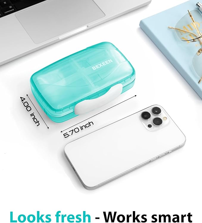 Travel Pill Organizer - Airtight Medicine Case for Traveling Portable Pharmacy Box with Labels Vitamin Container 8 Compartment Supplement Medication Holder Large Capacity Daily (Green)