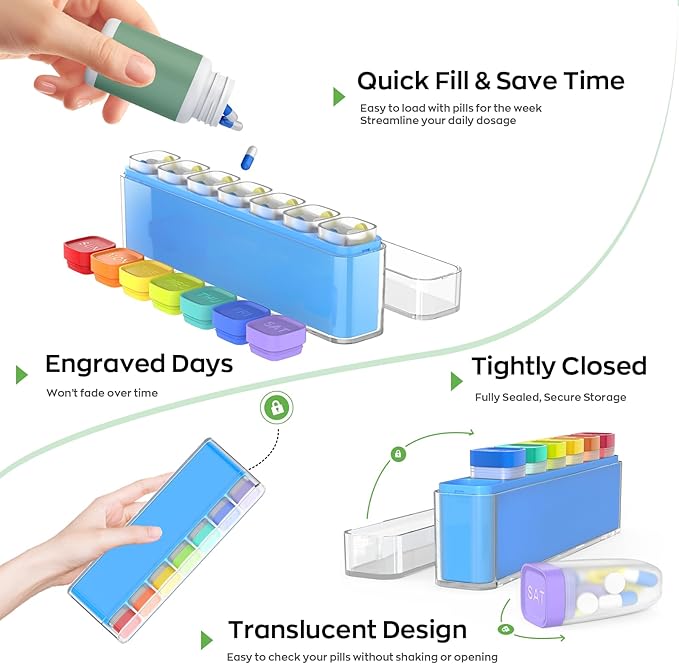 Weekly Pill Organizer 1 Time a Day, HIONXMGA Detachable Travel Pill Box 7 Day, Large Medicine Pill Case Container for Daily Medication Vitamin Supplement Fish Oil, Portable Week Pills Holder, Blue