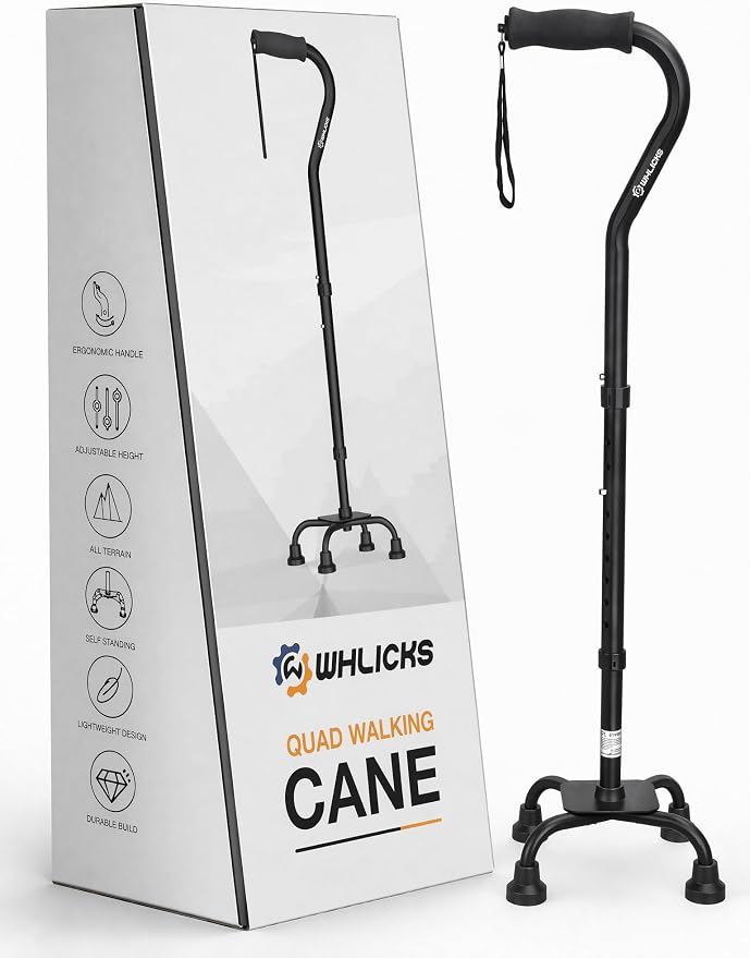 WHLICKS Quad Cane for Stability, Adjustable Walking Cane for Women & Men with A Large 4 Pronged Base for Balance, Self Standing Cane, 350lbs Heavy Duty Cane with 4 Legs, Walking Sticks for Seniors