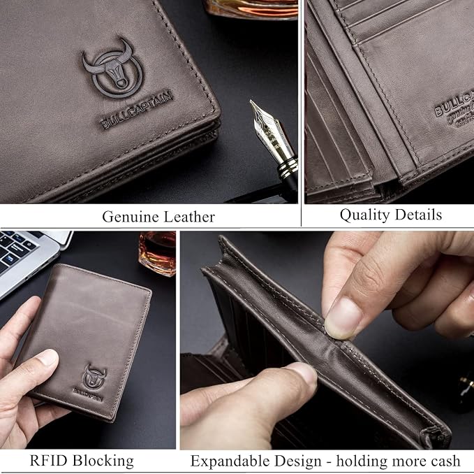 BULLCAPTAIN Large Capacity Genuine Leather Wallet for Men QB-027 | Bifold Wallet,RFID Blocking,Credit Card Holder,15 Card Slots,Special Expandable Design,gift choice