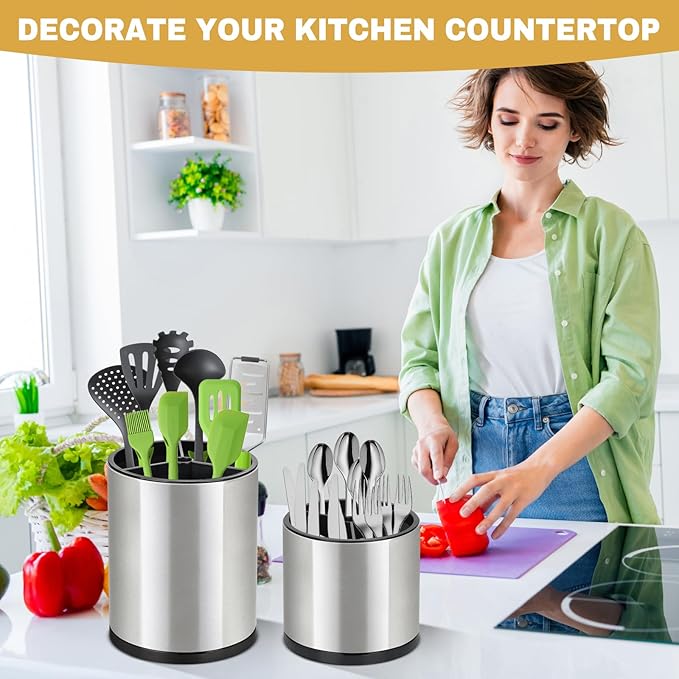 2Pack Kitchen Utensil Holder Set - 360° Rotating Stainless Steel Large Cooking Utensil Stand for Counter, 3 Compartment Flatware Caddy with Removable Base for Knife, Fork & Spoon Organizer - Sliver
