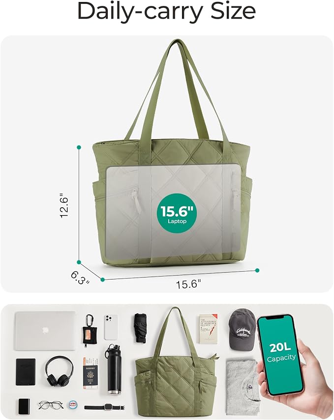 BAGSMART Crush Tote Bag for Women, 20L Puffer Work Tote with Zipper | Quilted Nurse Hospital Bag For Travel College Gym