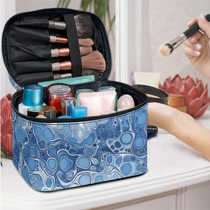 Blue Water Bubbles Large Travel Toiletry Bag for Women Cosmetic Case, Ocean Pattern Zipper Makeup Organizer Toiletries Kit