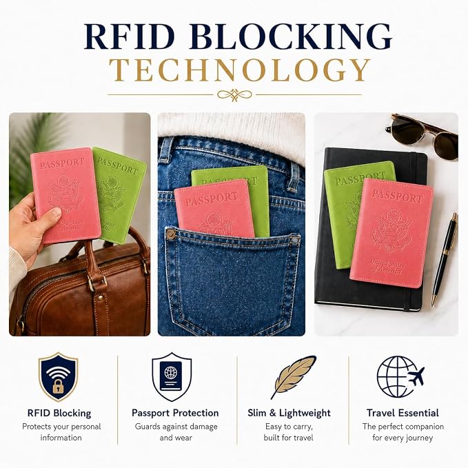 Ciana RFID Passport Holder for Travel – PU Leather Passport Cover and Card Holder for Men & Women – Slim Passport Holder with Card Protector Slot, Travel Must Haves (Pink - Lime Green)