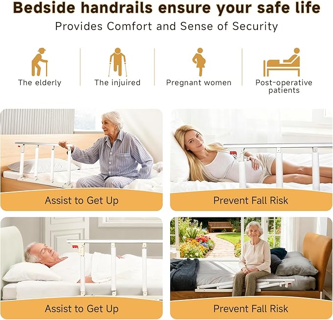 Bed Assist Rail for Elderly, Folding Bed Rail with Safety Straps & Sponge Handle. Tool-Free Installation for Seniors Safety on Platform, Slatted, Metal Beds.