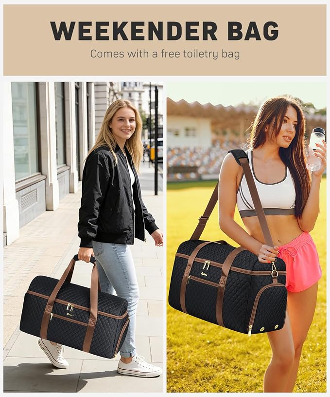 Weekender Bags for Women, Wide Open Large Travel Duffle Bag with Shoe Compartment, Overnight Carry on Bag Personal Item Travel Bag with Wet Pocket (Black Brown)