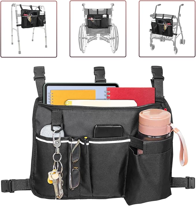 TONINT Large Walker Bag with Water Cup Holder,Walker Basket,Foldable Walker Storage Bag,Side Walker Bag,Walker Side Access Bag Organizer Pouch Tote,Scooters or Rollator Walkers (Large)