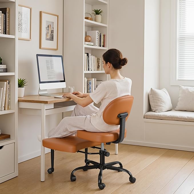 Ergonomic Cross Legged Office Chair with Wheels - Adjustable Height Kneeling Meditation Chairs for ADHD, Yoga & Desk Work - Wide Criss Cross Seat with Lumbar Support, Brown