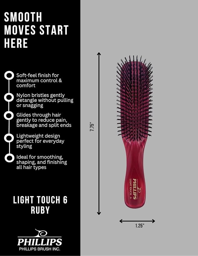 Phillips Brush Light Touch 6 Detangling Hair Brush, Full Size Ruby Red | Flexible Nylon Bristles, Gentle Detangling & Smoothing for All Hair Types, 7.75 Inch Daily Use Hairbrush