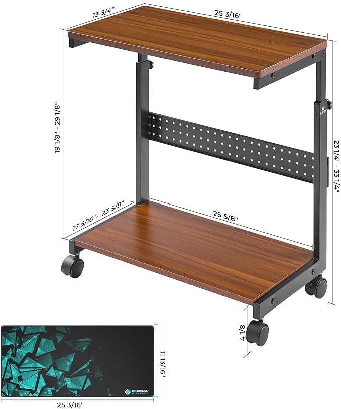 EUREKA ERGONOMIC PC Stand Computer Cart, Height Adjustable Tower Stand 2-Tier Suit for ATX Case Printer, Metal Rolling Cart on Wheels for Gaming Home Office, Embossed Texture,Teak