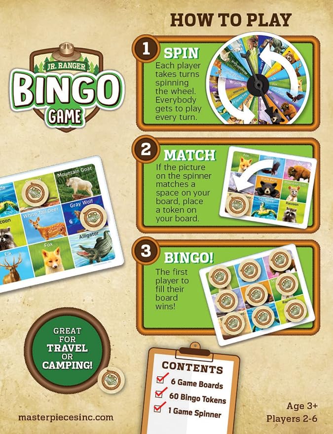MasterPieces Officially Licensed Games – Jr Ranger Bingo Game - Tabletop Game for Kids & Family