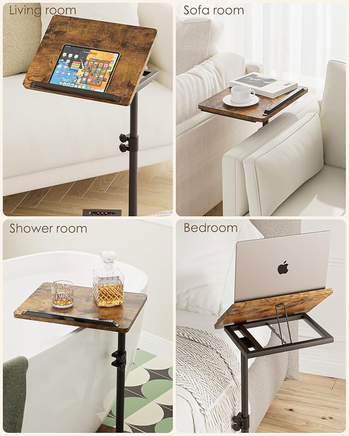 Masupu Sofa Arm Tray Table - 360° Swivel Height Adjustable End Table, Small Snack Side Table for Couch, C Shaped Table for Bed, Chair or TV Tray Table(Rustic Brown, Angle Adjustable)