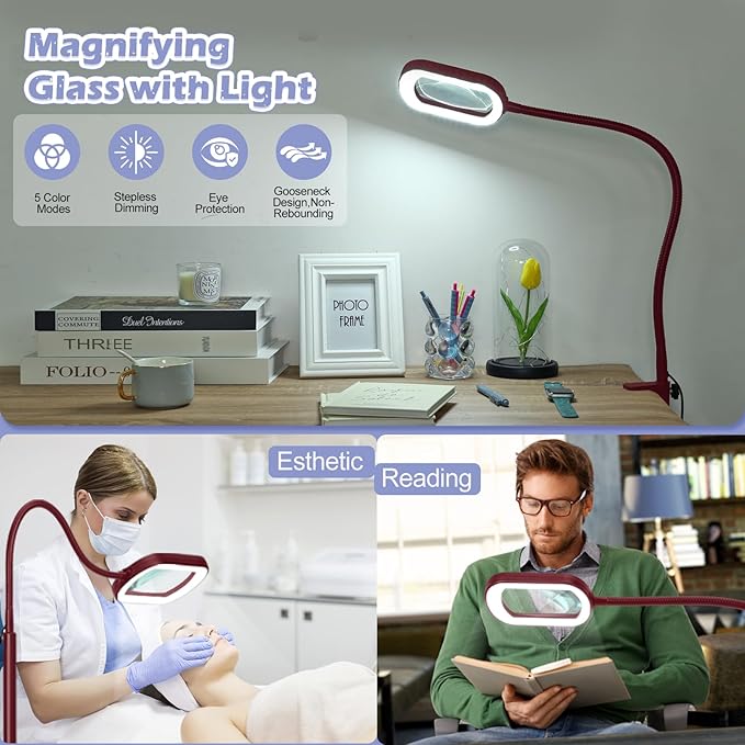 Drdefi 10X Rectangular Real Glass Magnifying Glass with Light and Stand, 24" Flexible Gooseneck Floor Lamp, 5 Color Modes Stepless Dimmable, 3-in-1 Lighted Magnifier Light Hands Free for Reading Red