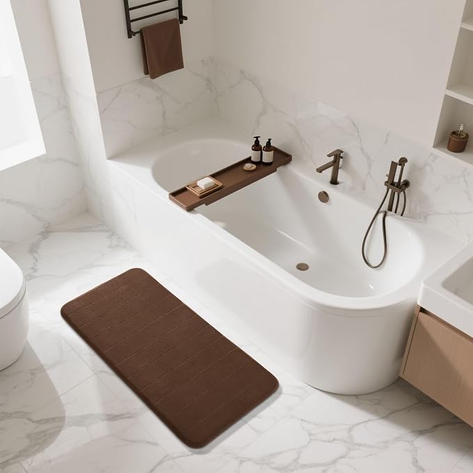 Yimobra Long Bath Mat 44"x24", Super Soft Quick Dry Memory Foam Bathroom Rug, Water Absorbent, Non Slip Backing Machine Washable for Tub Shower, Thick Comfort Support, Brown