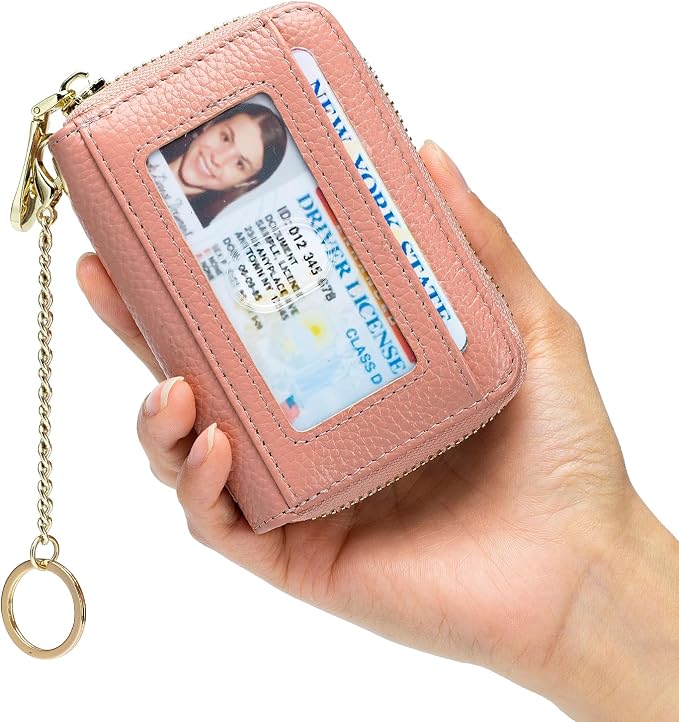 imeetu RFID Credit Card Holder, Small Card Wallet Women, Leather Card Case | Genuine Leather Women's Card & id Cases, Change Coin Purse with Zipper Keychain id Window, 20 Colors & 3 Styles, Daily, Gifts