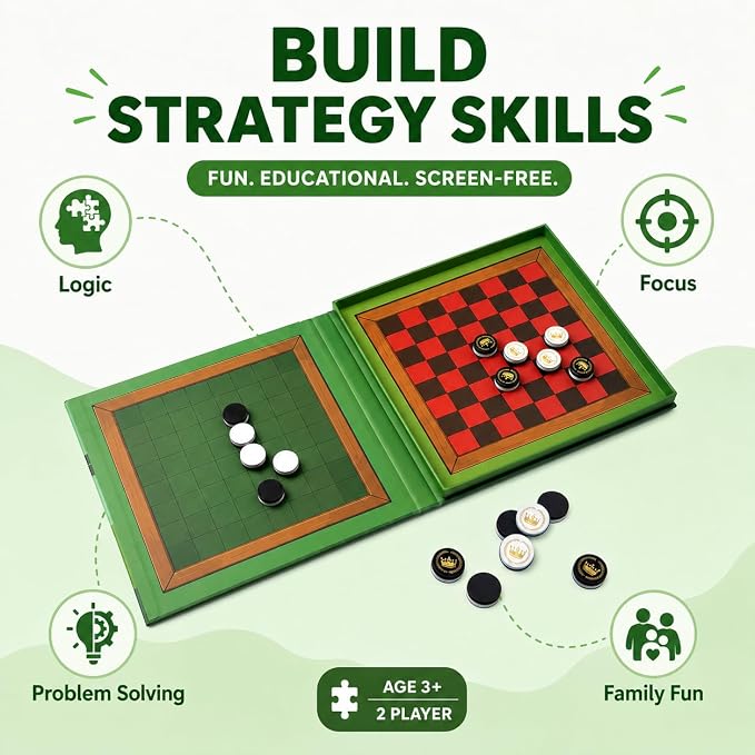 2-in-1 Checkers & Reversi Board Game | Magnetic Travel Games for Kids 8-12 | Plane Activities for Kids Ages 8-12 | Foldable Magnetic Checkers & Travel Activities