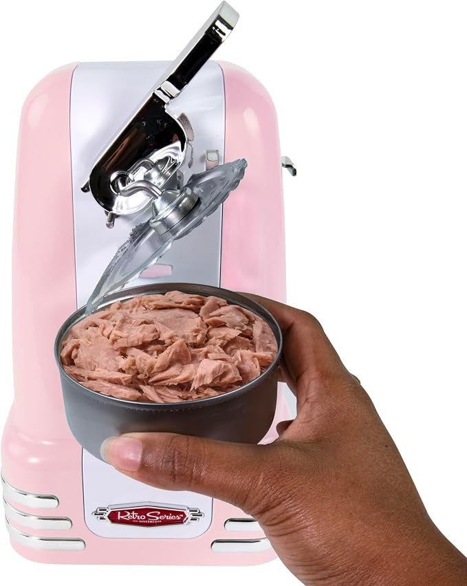 Nostalgia Retro Electric Can Opener for Kitchen with Magnetic Lid Remover, Knife Sharpener, and Soda or Beer Bottle Opener, Pink