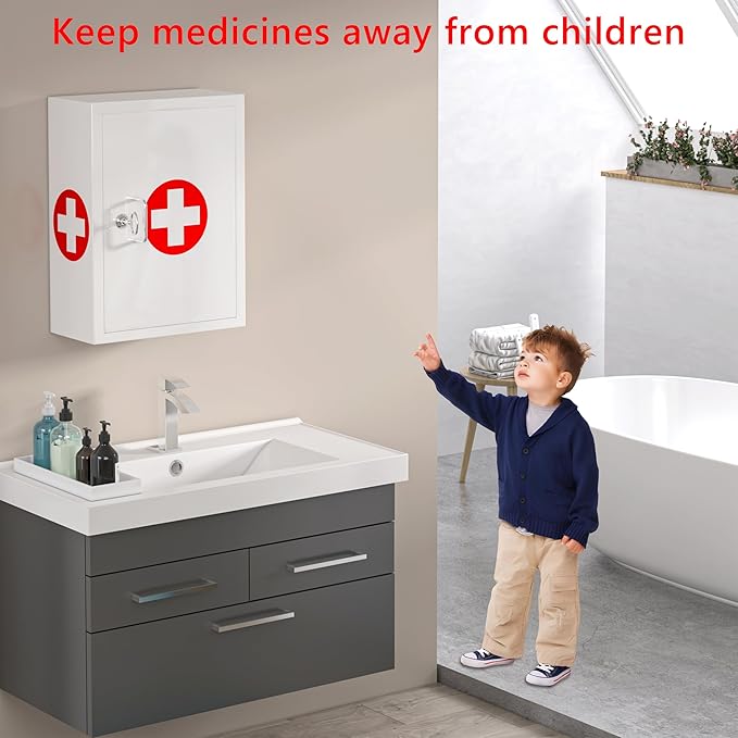 Locking Medicine Cabinet for Bathroom: Wall Mount Medical Box for Medication Storage - Large Capacity First Aid Wall Cabinet for Home, School, Office (White)