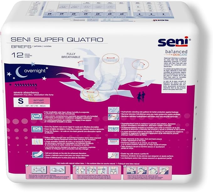 Seni Super Quatro Unisex Adult Incontinence Briefs with Tabs, Size Small (22"-31"), 24 Count (2 Packs of 12), Severe Absorbency, Disposable Overnight Briefs for Men & Women