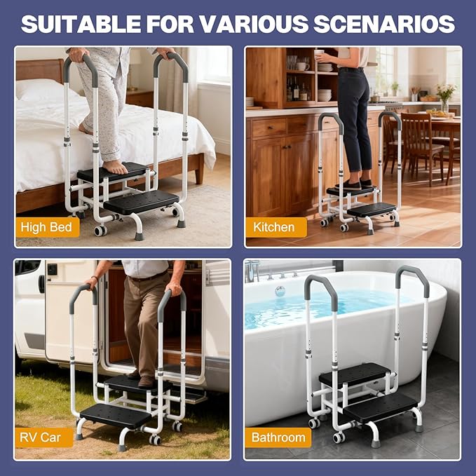 2 Step Stool with Adjustable Dual Handrail & 4 Lockable Wheels for Elderly - Bed Steps for High Beds for Adults, 4.3 in Widened Spacing, for Bedside Step Stool, Kitchen, RV, Bathtub