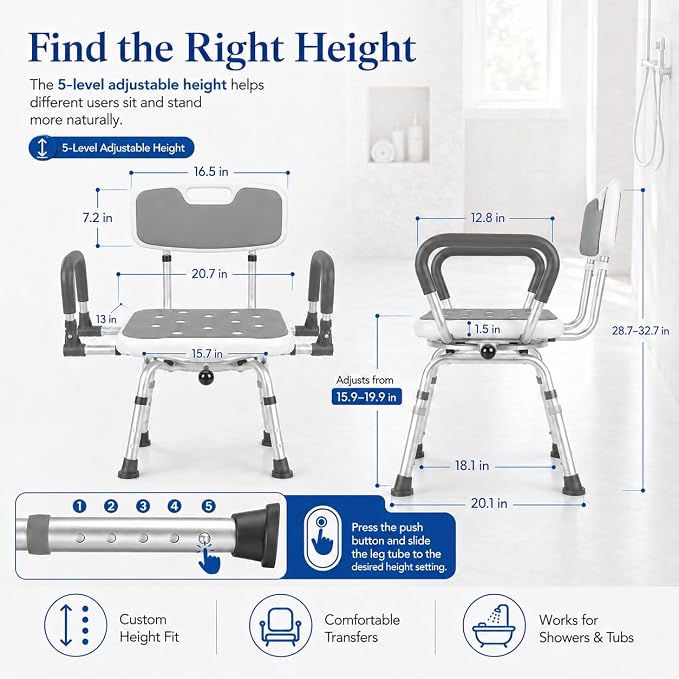 Deluxe Swivel Shower Chair with Arms & Back by CZMY, 360° Locking Seat, 5-Level Height Adjustable, Padded Heavy-Duty Bath Chair, 300 lbs, for Seniors, Elderly, & Disabled (Grey with Flip-Up Arms)