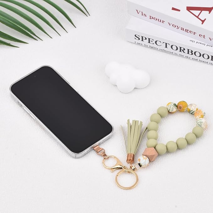 BAOSIWA Silicone Key Ring Bracelet Wristlet Keychain Unique Beaded Bangle Key Chains for Women with Leather Tassel