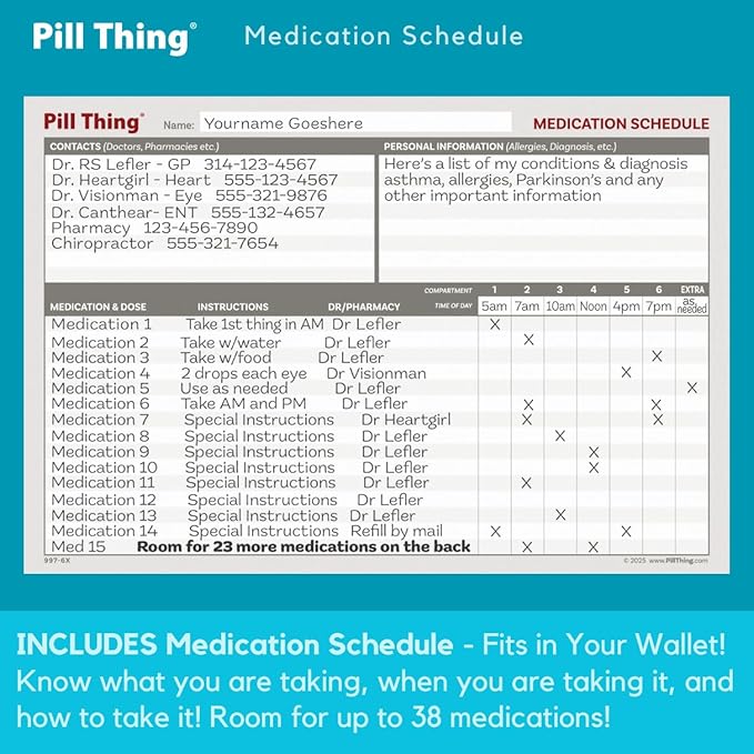 6 Times a Day Weekly Pill Box Organizer Case, Secure 7X Pillbox with Medication Schedule (6 Time-a-Day)