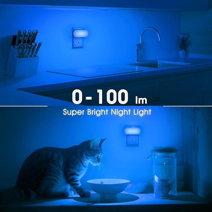 Blue Night Light,Auto On/Off,0-100 LM Adjustable Brightness | Dimmable Night Lights Plug Into Wall,for Kids Room Bedroom Stair,Blue Night Light,1W,2 Pack
