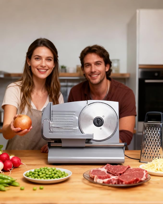 Meat Slicer Machine for Home - 200W Electric Food Slicer with 2 Removable 7.5" Stainless Steel Blades and Tray, Adjustable and Child Lock Protection, Slicer Machine for Meat Bread