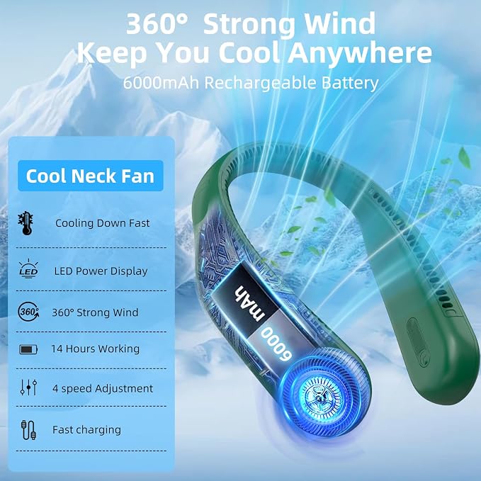 Portable Neck Fan, Personal Wearable Bladeless Fan, 6000mAh USB Rechargeable, 360° Airflow, LED Display, 4-Speeds, Hands Free Fan for Outdoor Indoor, Birthday Gifts for Men Women Dad Mom (Dark green)