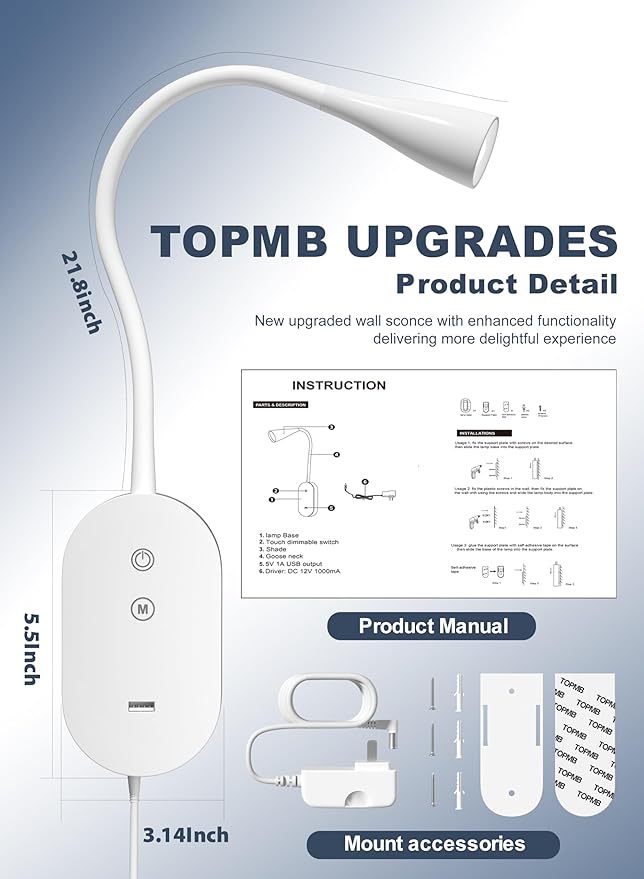 Wall Reading Light for Bed, Book Light with CRI 95+ for Eye Care, 4 Color Modes, 5 Dimmable, 2A USB Output, Memory Function, 4-Hour Auto Off, 360° Swivel Head Bed Headboard Reading Lamp White