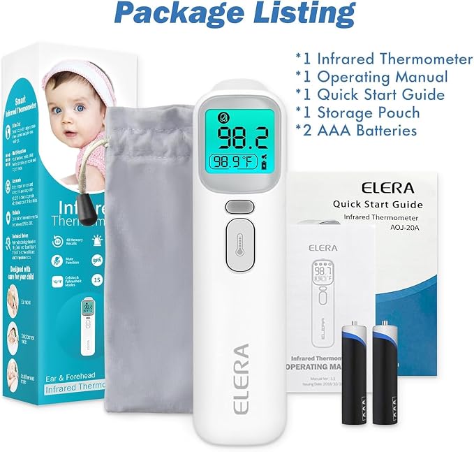 Elera Ear Thermometer for Kids, Baby Thermometer with Forehead and Ear Mode for Adults, Infant, Kids and Toddler, Touchless and 1 Second Reading with Fever Alarm and Mute Function, LCD