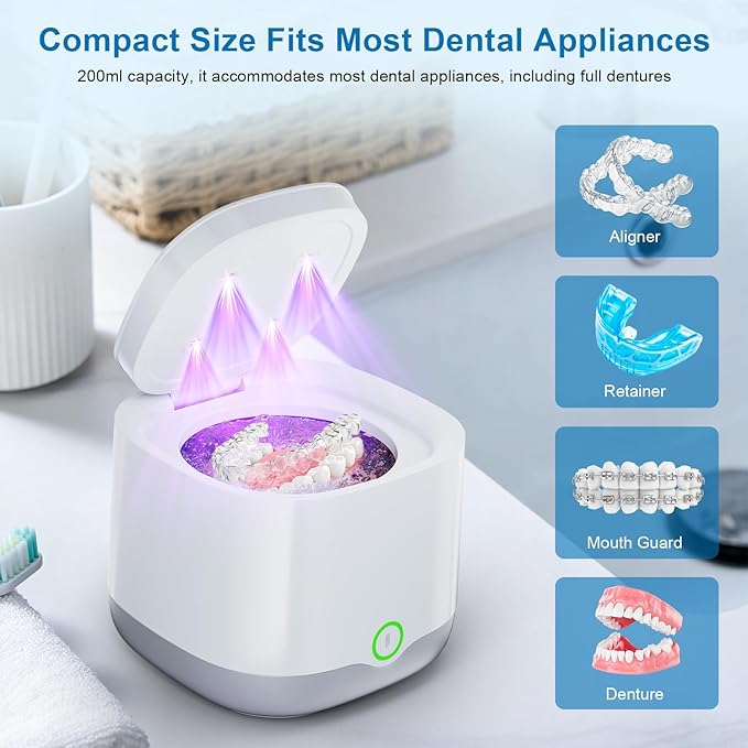 Ultrasonic Retainer Cleaner, 45kHz Retainer Cleaner Machine 4000mAh for Denture, Night Guard, Mouth Guard, Aligner, Brace 24W Dental Cleaning Pod with 4 UV Lights, 200ml Multiple Cleaning Modes