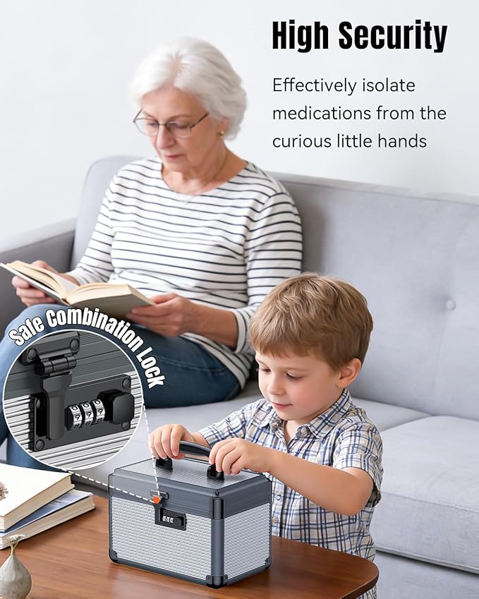 Uniclife Medicine Lock Box, 9.5" x 6" x 6.5", Portable Medication Lock Box with Combination Lock & Handle, Metal Lockable Storage Box, Security Lock Box for Medications, First Aid Medicine Storage Box