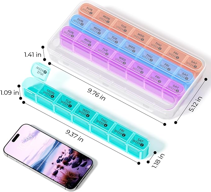 Daviky Monthly Pill Organizer 28 Day, 4 Week Pill Box with Removable Weekly Trays, Large BPA-Free Pill Organizer for Vitamins, Supplements and Medication, Travel Pill Case with Storage Box, White