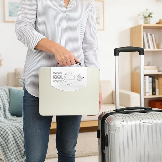 KYODOLED Off-White Safe Box with Digital Keypad Lock, Lock Box with Code for Personal Items, Metal Security Box for Cash, Passport, Ideal for Home, Office, Garage Sale, 11.8'' x 9.4'' x 3.5''