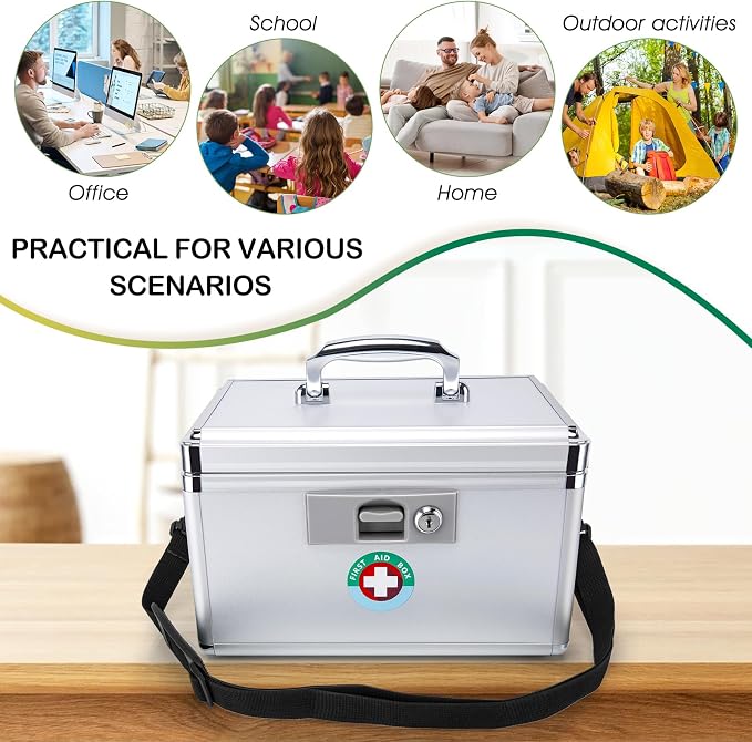 Medicine Lock Box with Key, 12.2" Aluminum First Aid Storage Case, Silver | Secure key lock box for medication. Features 1.25kg lightweight aluminum frame and 11.2" divided tray for home safety.