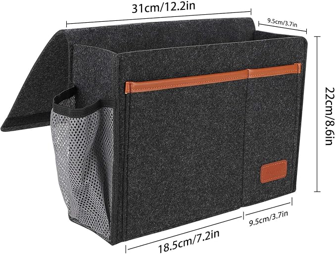 Bedside Caddy, Bed Storage Organizer for Remote Controller, Books, Magzine, Laptop Holder, 12.4'' x 8.6'' inch Bedside Hanging Felt Storage Bag for Dorm Bed with 5 Pockets, Dark Gray