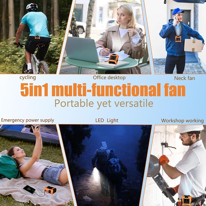 CAZOKASI Personal Waist Clip Fan Rechargeable Wearable Hand Free Wearable Cooler Fan for Traveling Working Outdoor Office (10000mAh / Orange)