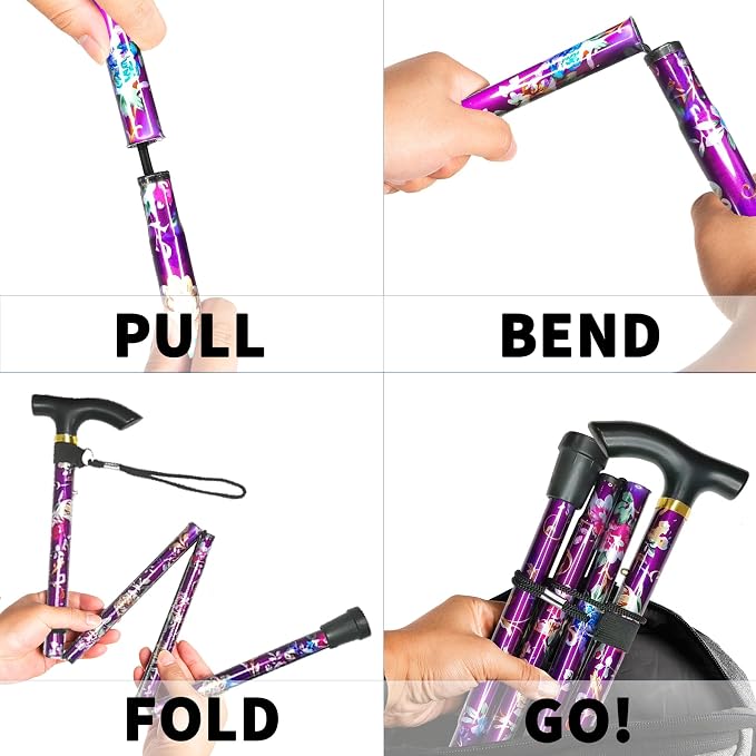 Folding Canes for Men and Women, Floral | 5-Level Adjustable Height, Lightweight Collapsible, Aluminum, Wrist Strap, T Handle, Walking Sticks for Seniors Adults