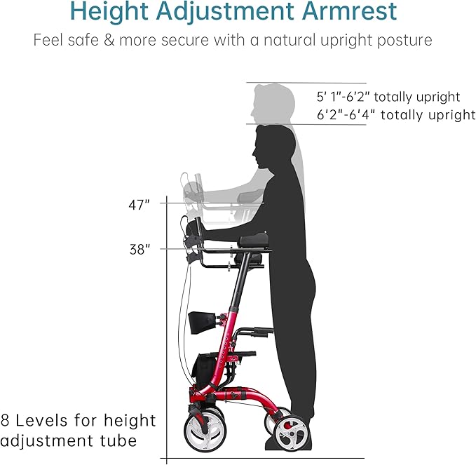 ELENKER Upright Rollator Walker, Stand Up Folding Rollator Walker Back Erect Rolling Mobility Walking Aid with Seat, Padded Armrests for Seniors and Adults, Red