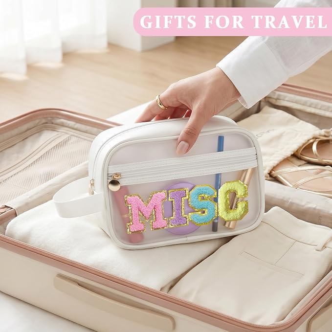 COSHAYSOO Clear MISC Makeup Bag Miscellaneous Stuff Organizer, Small Preppy Chenille Letter Patch Cosmetic Zipper Pouch, Toiletry Make Up Travel Purse Gifts for Teen Girls Women Daughter Sister
