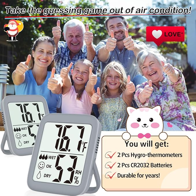 2 Pack Room Thermometer Indoor Hygrometer | Monitor Temperature & Humidity, Accurate, Fast Read, Easy To View, Magnetic/Kickstand/Hanging, ℉/℃, w/ Battery, Compact