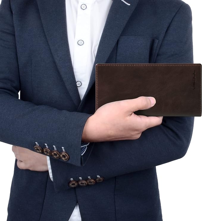 VISOUL Leather Checkbook Cover Wallet for Men with RFID Blocking, Mens Long Bifold Cash Tall Wallet with 11 Credit Card Slots 1 ID Window (Coffee)