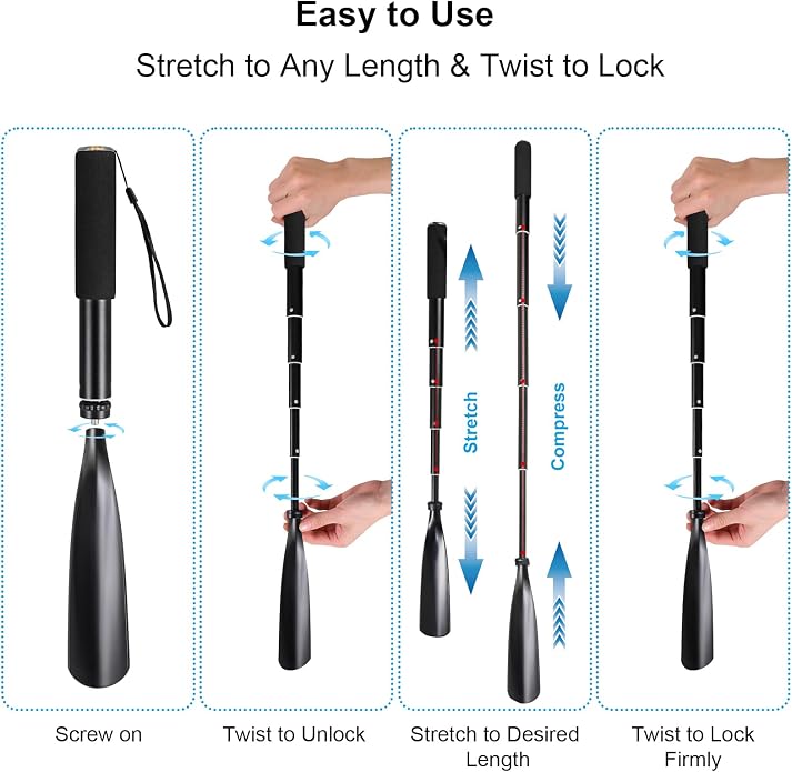 Mishell Shoe Horn Long Handle, Telescopic 16"-38", Sturdy Aluminium Alloy, Shoe Horn Long Handle For Seniors Men Women Kids, Shoehorn Long-handled for Boots, Long Shoe Horn For Men