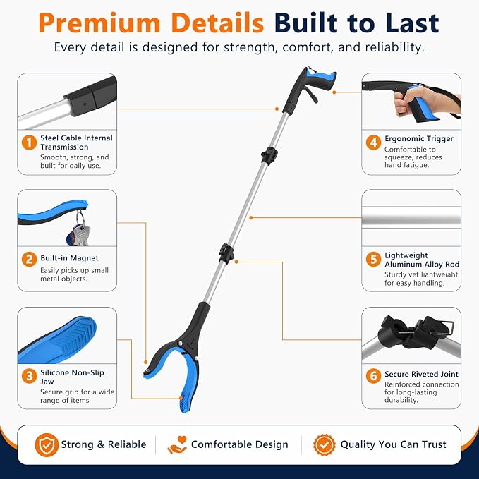 43 Inch Long Grabber Reacher Tool, 2 Pack Foldable for Seniors | Extended grabber reacher tool for seniors 5'8"-6'1", wheelchair. Aluminum, reaches 43 in. Reacher grabber pickup tool, 2-pack