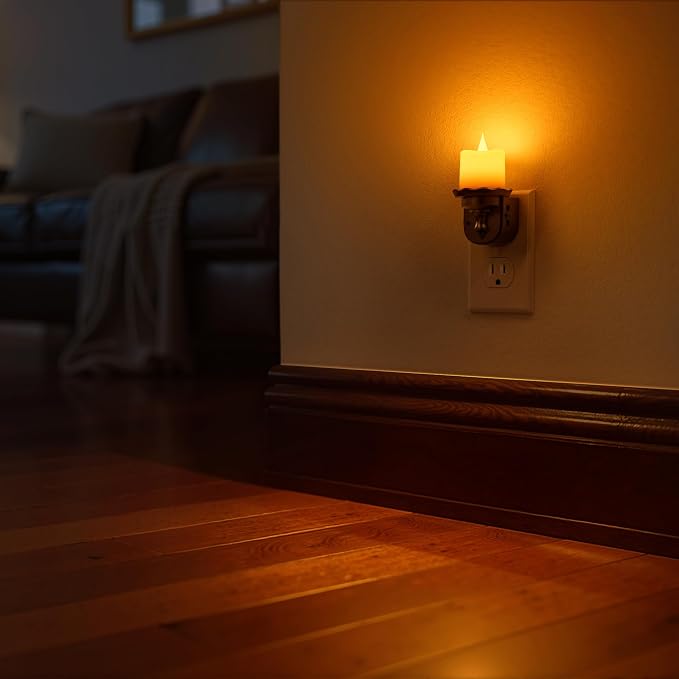 Candle Night Light, Amber Night Lights Plug into Wall 2 Pack | LED Flicker Flameless Candle Night Light with Auto Light Sensor, 0-100LM Dimmable Nightlight for Kids Hallway Bathroom