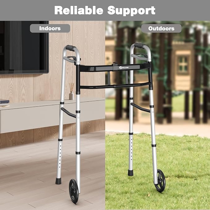 WHLICKS Folding Walkers for Seniors, Lightweight Aluminum Walker with 5'' Front Wheels and 2 Skis, Height Adjustable Standard Walker for Elderly and Disabled, Stable Frame up to 350 lbs