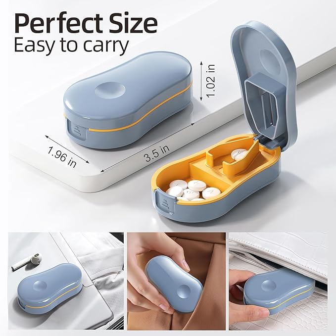 Pill Cutter Splitter for Small and Tiny Pills - 1/2 Accurately Cuts -Easy Open Snap Button.Wrap-Around Blade Guard Prevents Cuts. Detachable V-Shaped Pad. Back Storage(Blue)