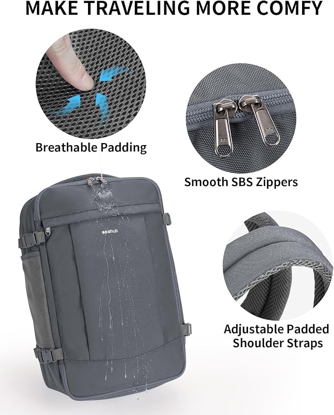 ECOHUB 17'' Small Travel Backpack, United Airlines Personal Item Bag 16.9"x10"x7.5" Carry on Backpack with USB Port Luggage Sleeve Travel Essentials for Men Women Water Resistant, Grey